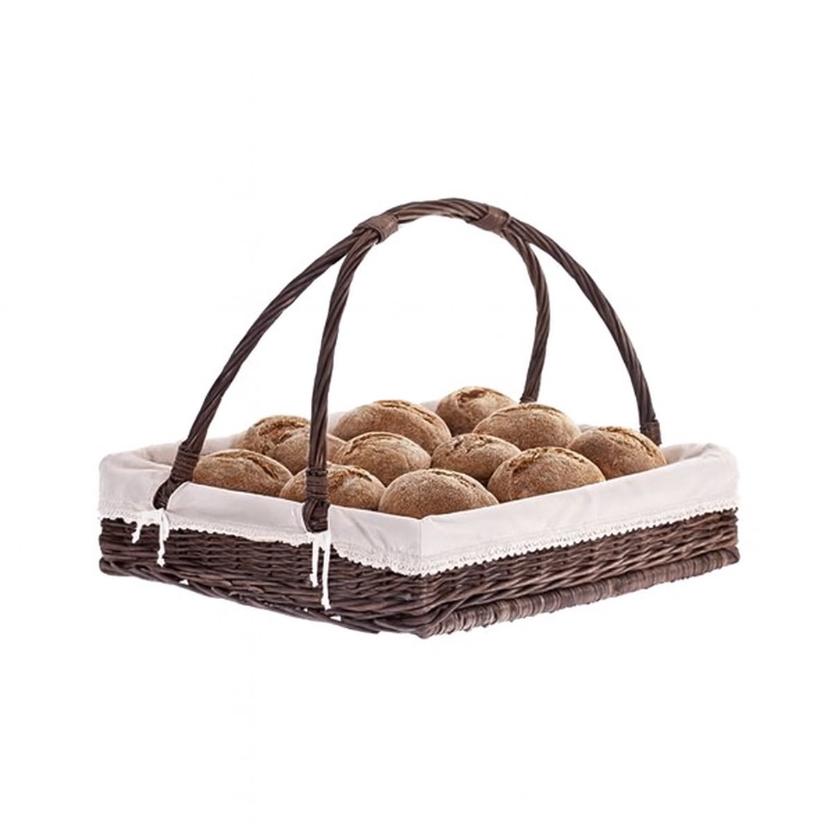 The Wicker Stories – Grote rieten serveermand met dubbele handgreep – Met stoffen voering met kant – Handgemaakt in Europa – Donkerbruin / Beige