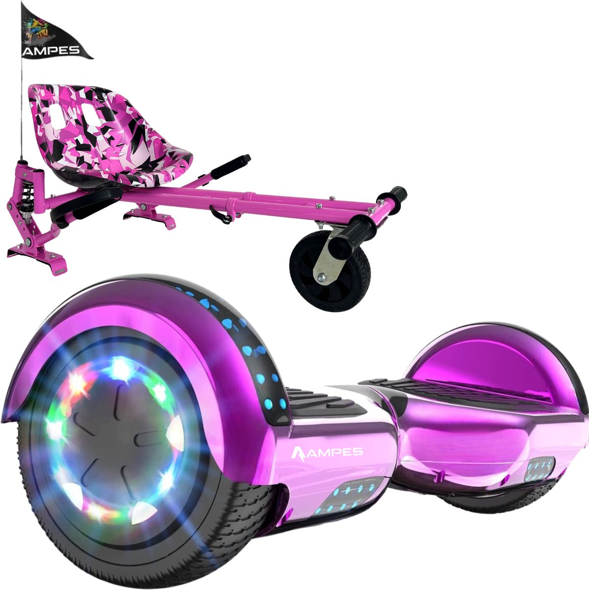 Ampes Hoverboard - Bluetooth Speaker - 24V 4.0 Ah Accu - Oxboard - 12 km/h - UL2272 Gecertificeerd - LED Verlichting - Anti lek banden - Belastbaar tot 120KG - 6.5 Inch - Inclusief Draagtas - 700W Wielen - Roze + Hoverkart Vering Roze