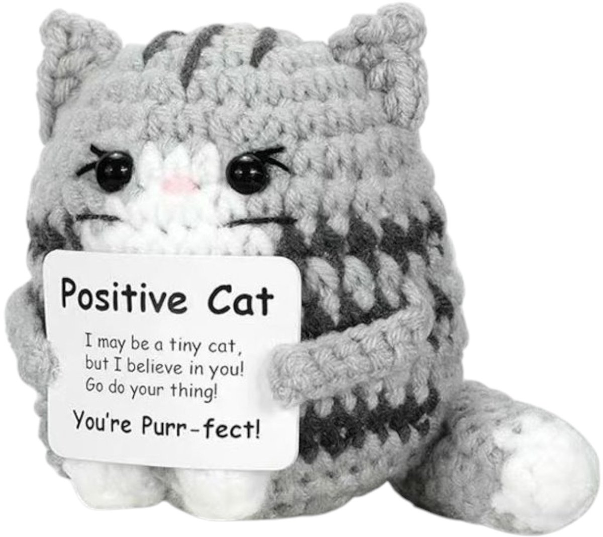Positive Cat - Positieve Vriendjes - kat - poes - Cadeau Artikel - Gehaakt Poppetje - 8.5 cm - motivatie cadeau - kattenliefhebber - feelgood cadeau