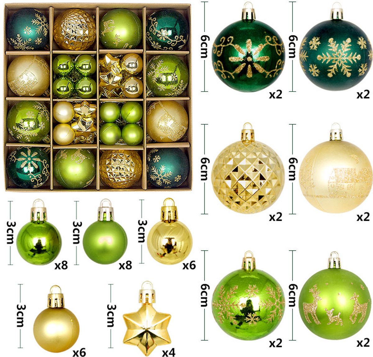 Zandarix Deluxe Kerstballen Ornamenten Set (44 Stuks) – Mix van 3–6 cm PVC in Luxe Geschenkdoos - Goud/Groen