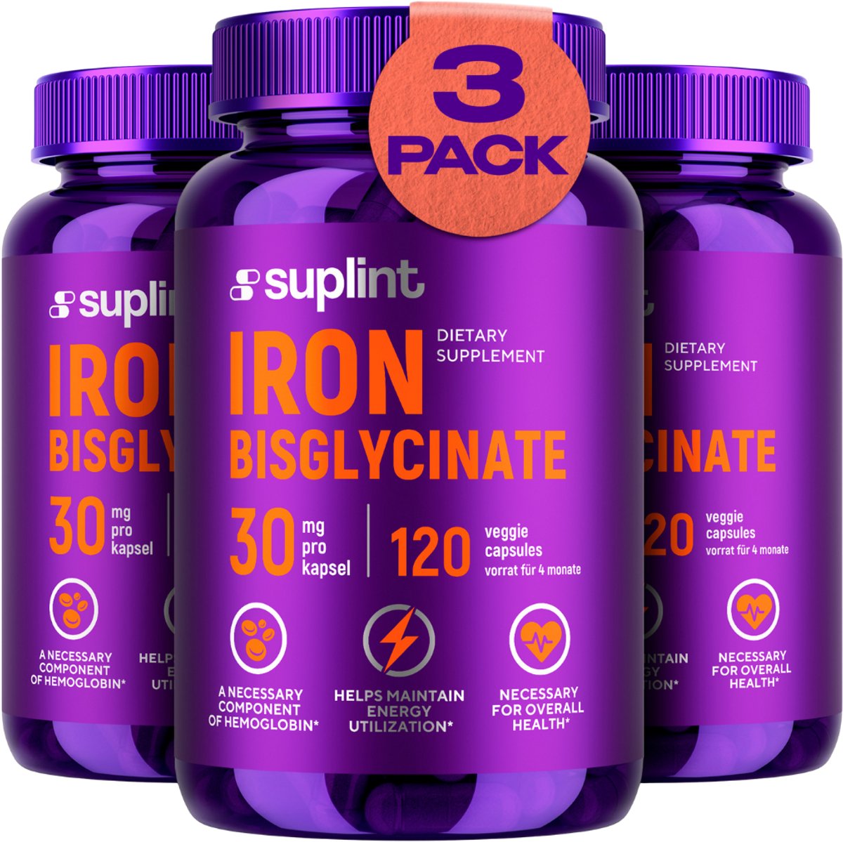 IJzer Bisglycinaat – IJzer supplement – 3x120 capsules - IJzer capsules – IJzer tabletten – IJzer – 1 per dag – IJzer extra sterk - Iron