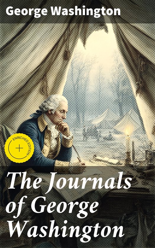 Boekomslag met een illustratie van George Washington die in een tent schrijft met een Enriched Edition-embleem.