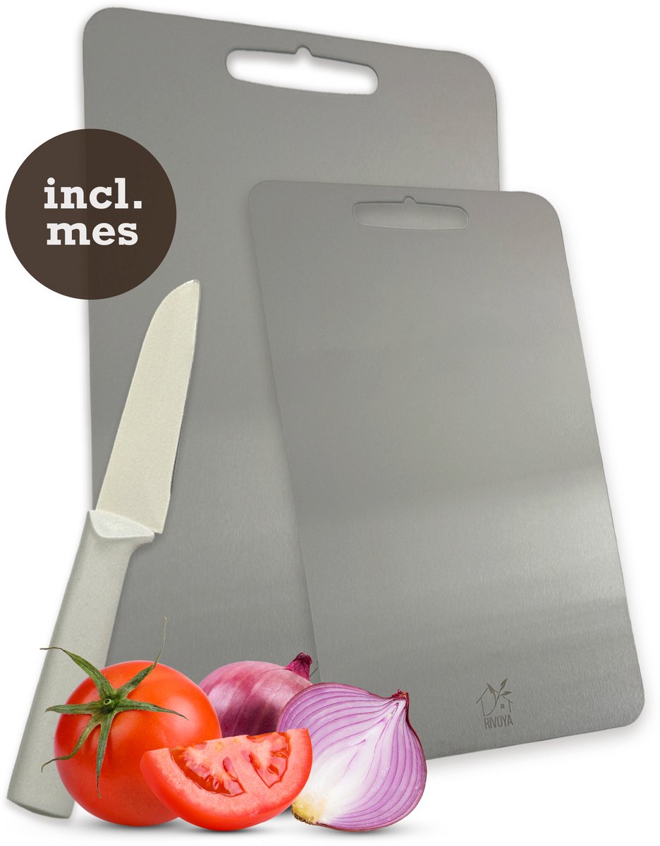 Rivoya Snijplankenset 2 stuks - Incl Mes - Titanium Gestabiliseerd RVS - Cutting board - PFAS vrij & Antibacterieel - Vaatwasserbestendig - Set van 2 - 29x20cm & 25x15cm