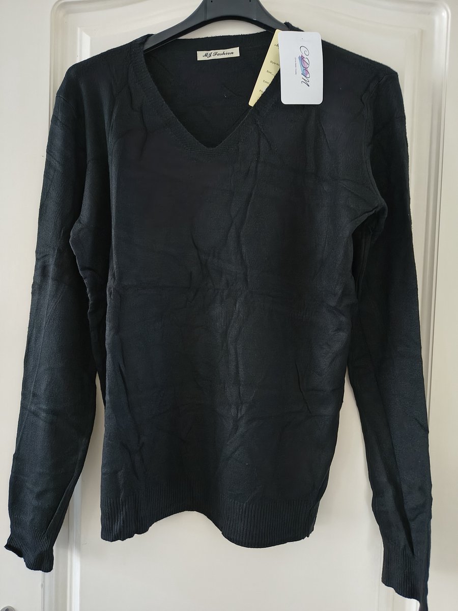 Dames warme trui Alida-V-hals-fijngebreid-effen zwart-lange mouwen-maat XL/XXL