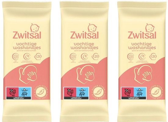 Drie pakken Zwitsal vochtige washandjes in pastelgeel en roze, met een afbeelding van een babymutsje en een washandje.