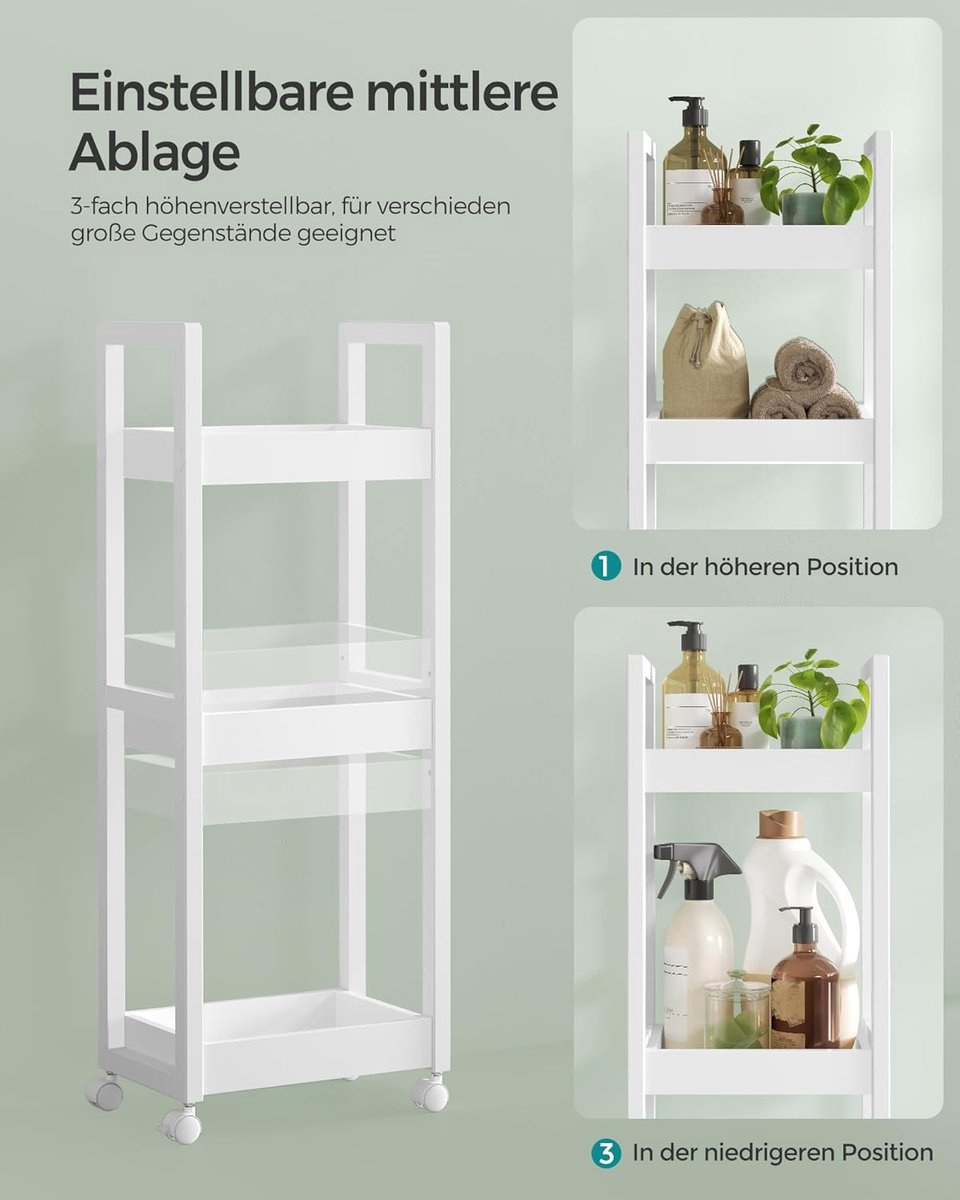 Smalle Badkamerplank op Wielen met 3 Niveaus, Bamboe Opbergrek voor Badkamer, Niswagen voor Wasruimte en Douche, Ruimtebesparend 20 x 30 x 80 cm, Wit