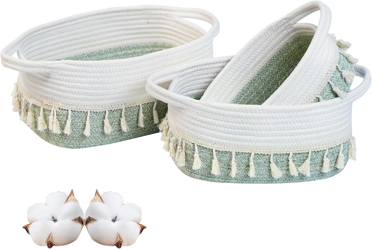 Opbergmand, 3-delige set, mandjesopslag voor luiercommode, organizer, katoenen touw, opbergmand met dikke handgrepen, mandopslag voor badkamer, babykamer, decoratie, wit en grijs