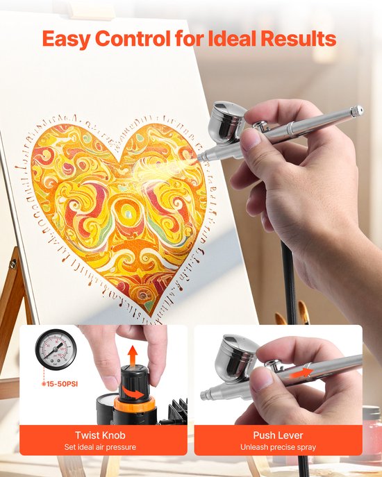 Hand spuit met airbrush op canvas, met instelbare drukknop. "Makkelijke controle voor ideale resultaten."