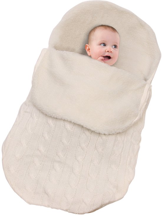 Witte, dikke gebreide babydeken met fleecevoering, warm voor uitstapjes, wollen slaapzak voor in de kinderwagen, extra dik voor de winter.