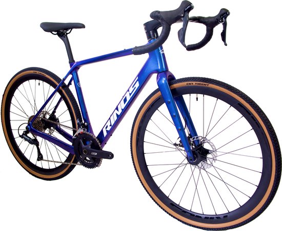 Blauwpaarse Rinos gravelbike, van voren gezien, staand op een witte achtergrond.