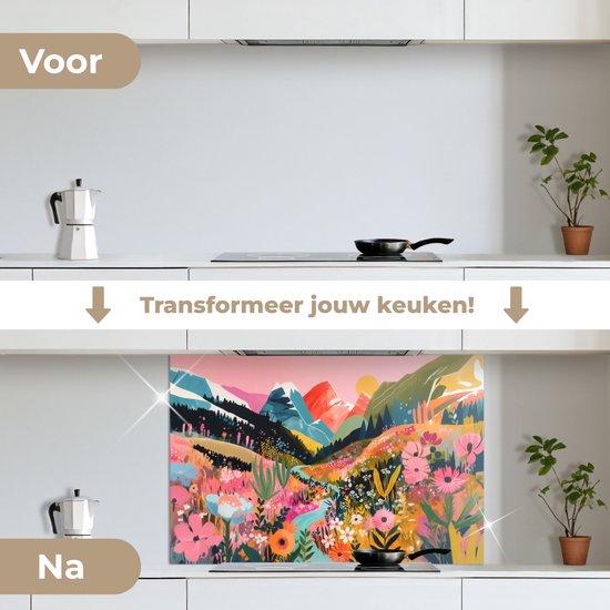 Spatscherm 80x55 cm - Zelfklevende achterwand Rivier - Diepte - Bloemen - Keuken muurbeschermer - Spatwand fornuis