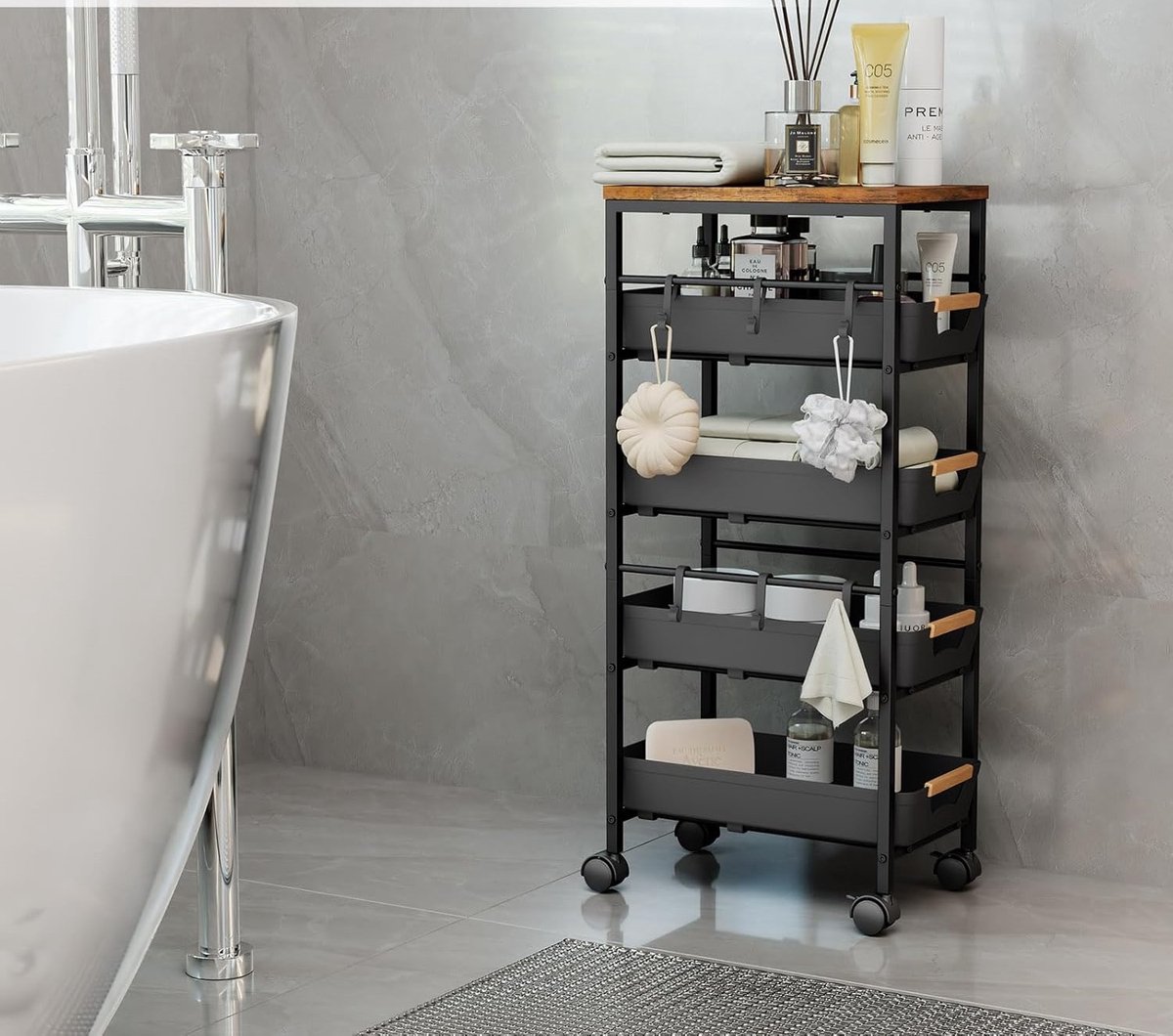 Slanke 5-Laags Opbergtrolley met Houten - Houten Blad Uittrekbare Mandjes, Keuken-, - Medahomestore