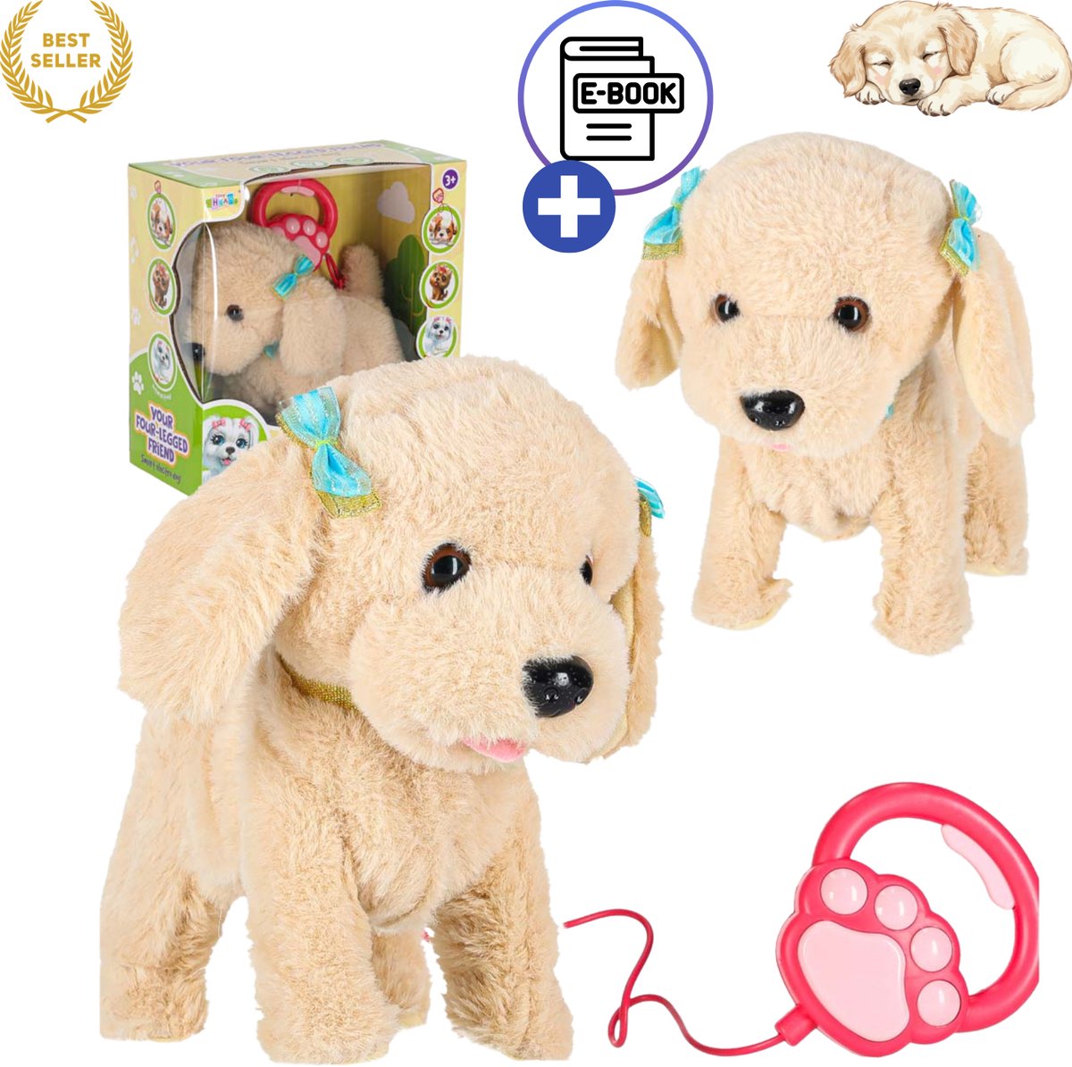 Ikonka Interactieve Poodle Hond Met Lijn – Lopende Blaffende Knuffel Pudel Voor Kinderen – Speelgoed 3 Jaar - Bewegend Speelgoed Met Geluid, Kwispelende Staart, Educatief Speelmaatje 3+ Voor Rollenspel - Met E-Book