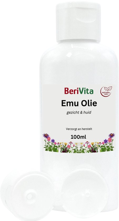 BeriVita Emu Olie 100ml fles met bloemenrand. Gezicht & huid. Verzorgt en herstelt.
