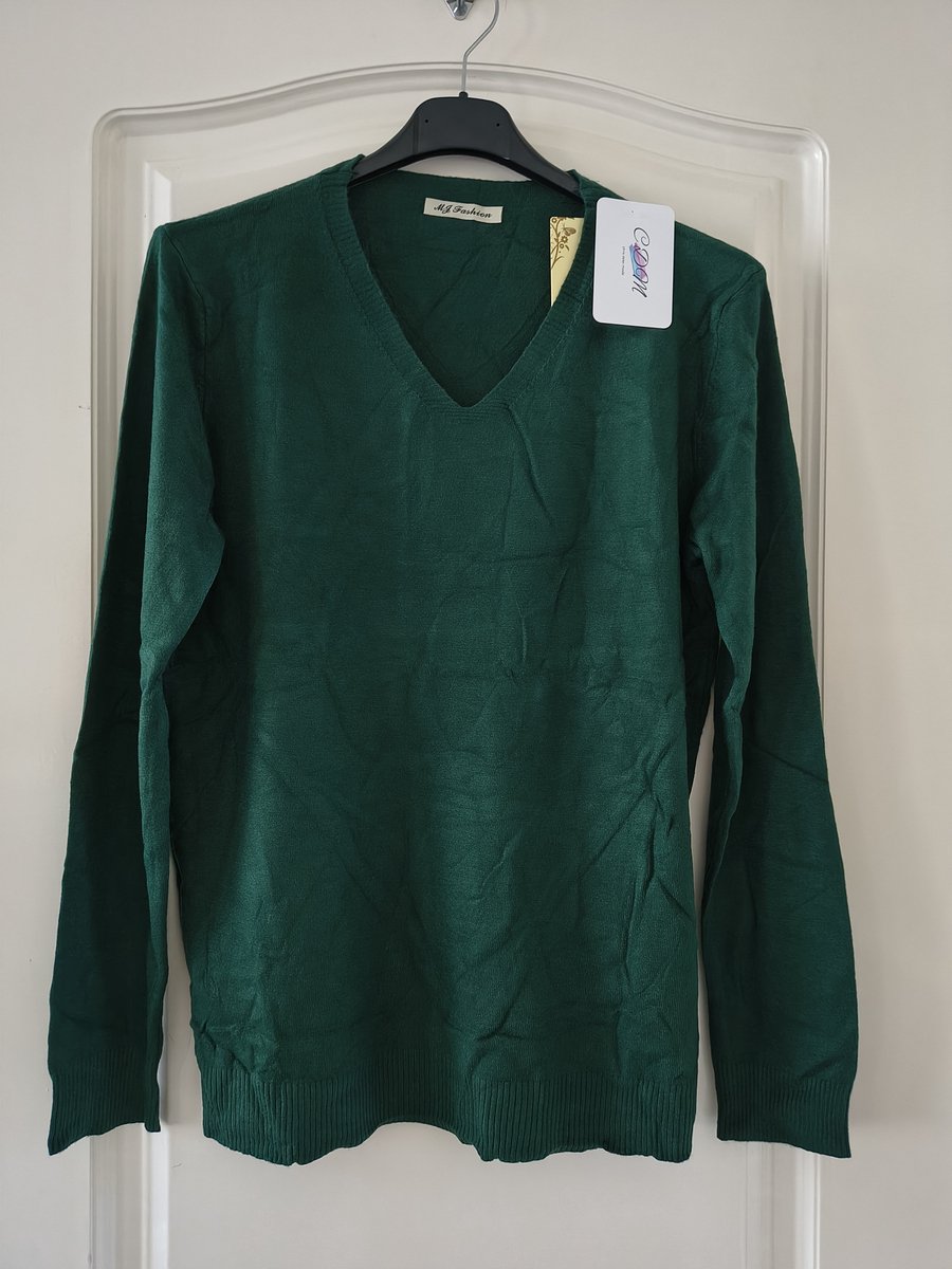 Dames warme trui Alida-V-hals-fijngebreid-effen groen-lange mouwen-maat M/L