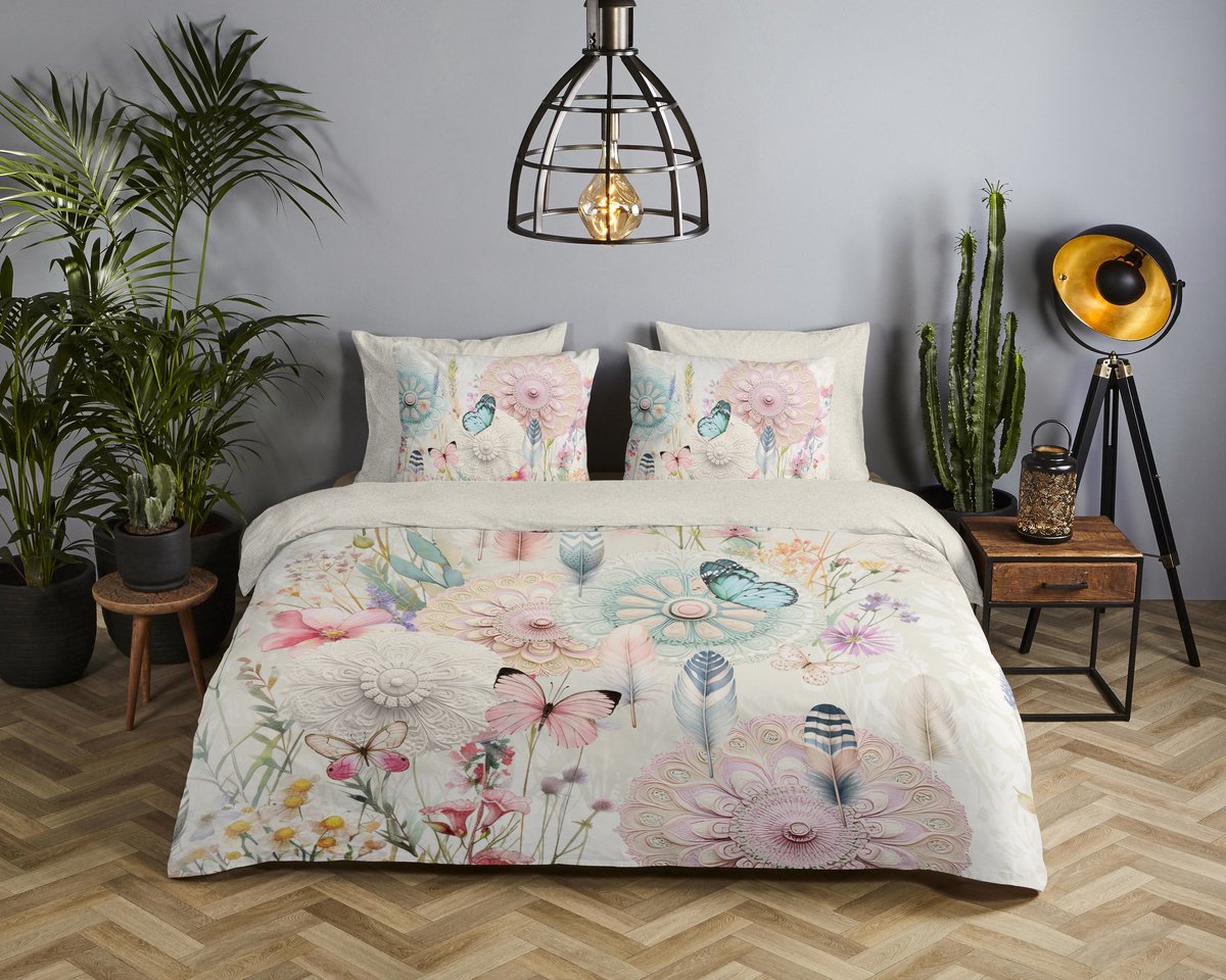 HIP dekbedovertrek mandala�s, bloemen en vlinders - 2 persoons 200x200/220 cm - Ecru - 100% Katoen satijn