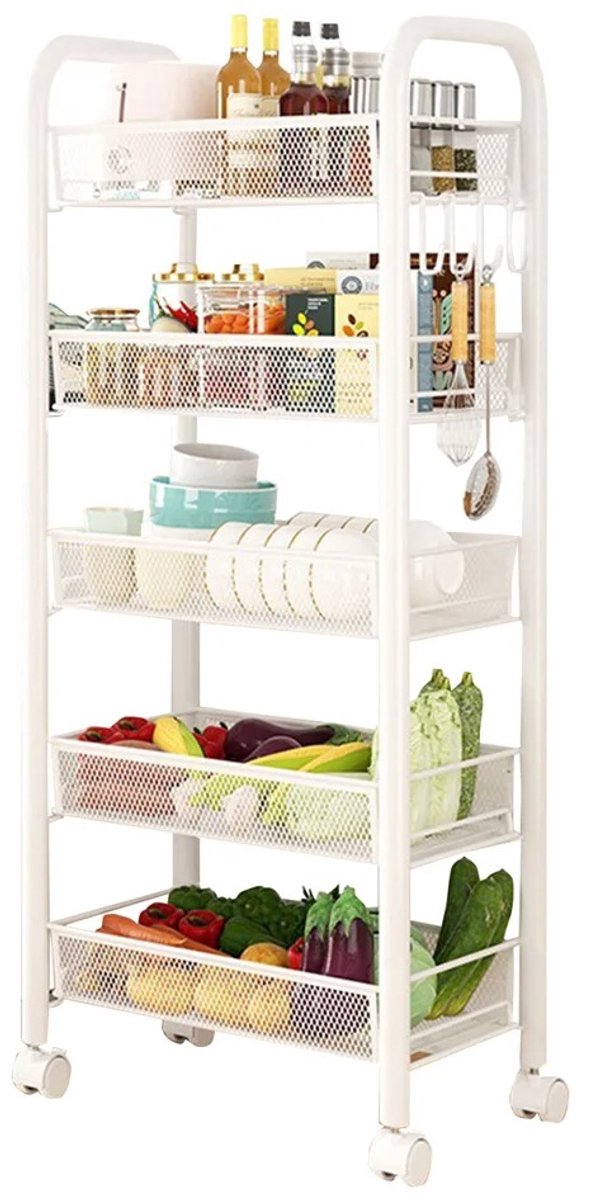 ShaSha Trolley op wieltjes - Opbergrek keuken - 5 Laags trolley - Verplaatsbaar - 4 haken - 4 wielen - Opbergrek - Makkelijk installeren - Wit