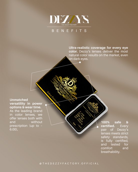Productdoos van Dezzy's, zwart met gouden opdruk, geopend. De binnenkant toont informatie over de lenzen, waaronder 'Dezzy's Eye Fashion Choice Luxury Electric Gray'.