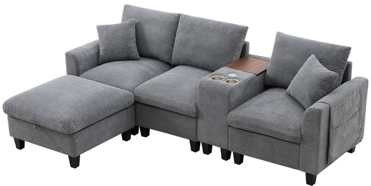 KOMHTOM L-vormige hoekbank met console 2 bekerhouders USB-poorten en kussens van grijs corduroy