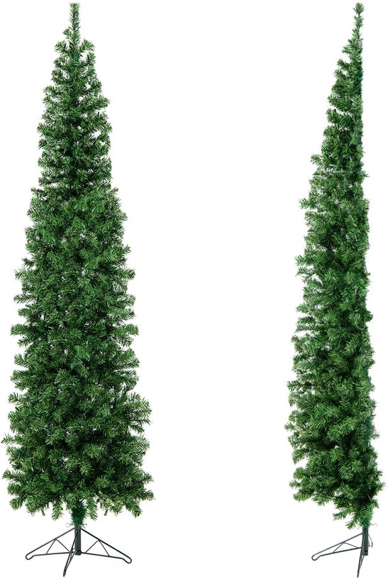 Twee smalle, donkergroene kunstkerstbomen, op een witte achtergrond.