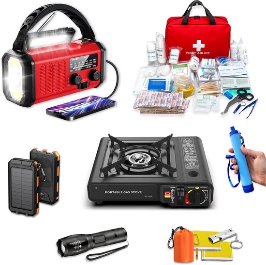 DreamGoods Gasstel Noodpakket - voor thuis & outdoor - Compleet 72+ uur overlevingspakket - Stroomuitval, oorlog & noodsituaties - Solar noodradio, Waterfilter, Survival kit, EHBO set, Gasstel Camping - Gasstelletje Noodpakket - Kamperen & Outdoor