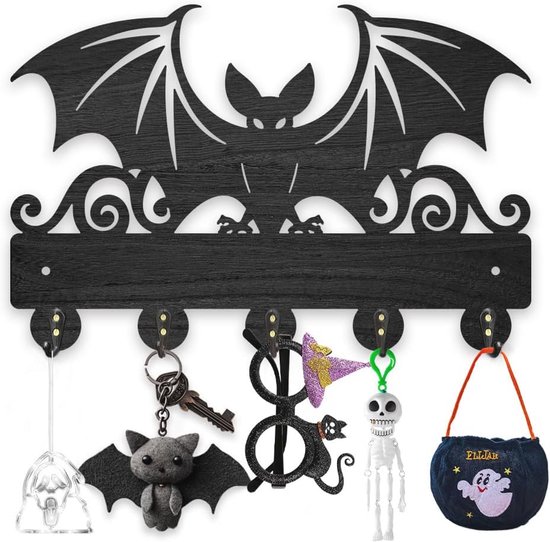 Porte-clés Mural Chauve-souris en Bois avec 5 Crochets - Noir