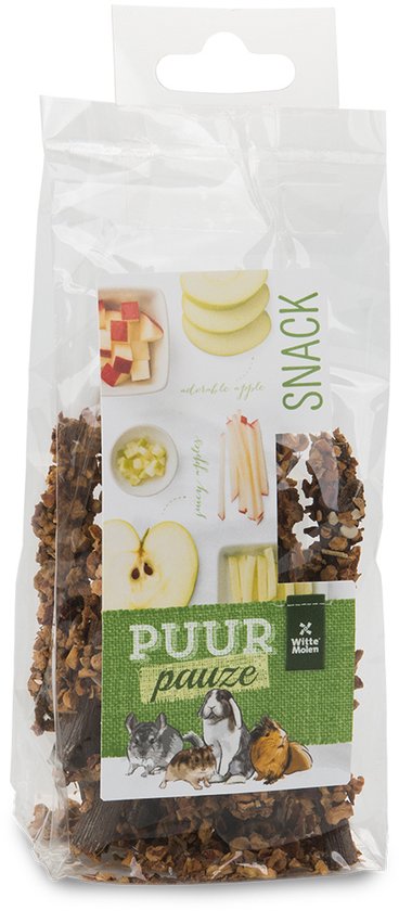 Witte Molen Puur Pauze snackverpakking met knabbelhoutjes appel en afbeeldingen van dieren.