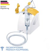 Witte en gele Beurer inhalator met een giraffenspeeltje, Duitse techniek logo.