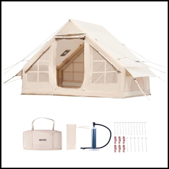 Opblaasbare campingtent 3x2,1m – Lichte tent met snelle installatie – Waterdicht 300D Oxford – Inclusief handpomp en opbergzak – Stove jack en ventilatieramen – Ruim en draagbaar