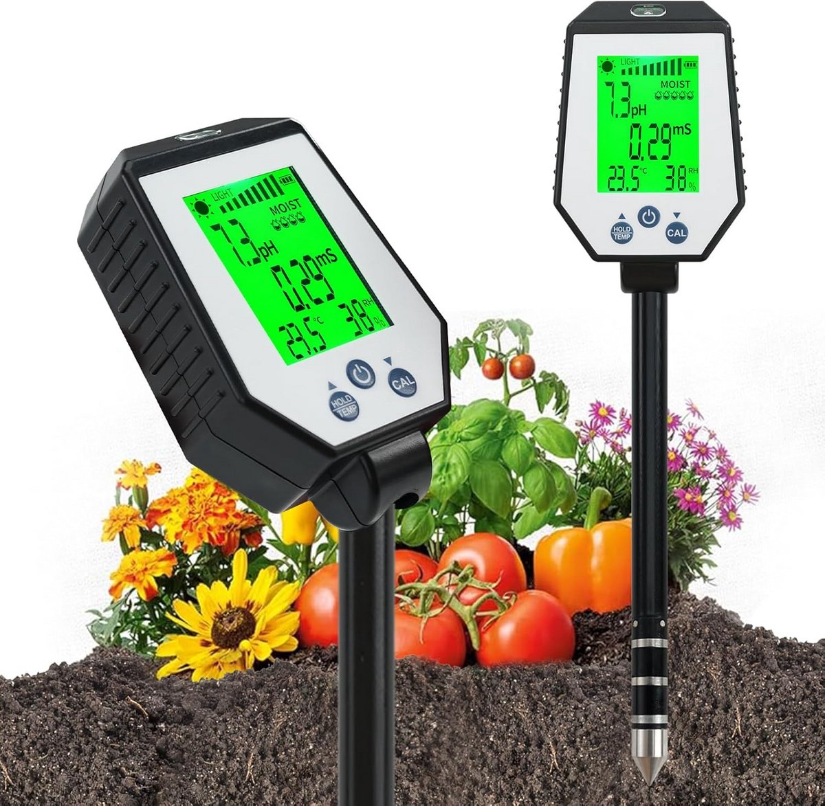 6-in-1 Bodemtester Digitaal: pH-, Vocht-, Temperatuur-, Licht- en EC-meter