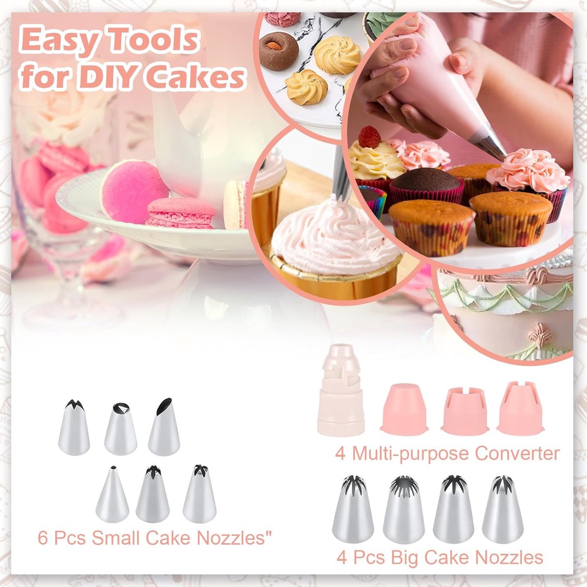 Candala Taartaccessoireset, 139-delige bakset met 28 cm draaibare taartplaat, 100 spuitzakken, spatel en omvangrijk gereedschap, taartdecoratie, accessoireset voor beginners en professionals (roze)