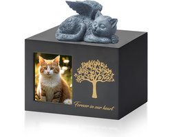 Huisdierenurn - Kattenas - Met lijst - Inclusief hars dierenfiguur en opbergzak - Huisdiergedenkcadeau - Hartverwarmende boodschap - 18 x 12,6 x 12,5 cm - Zwart