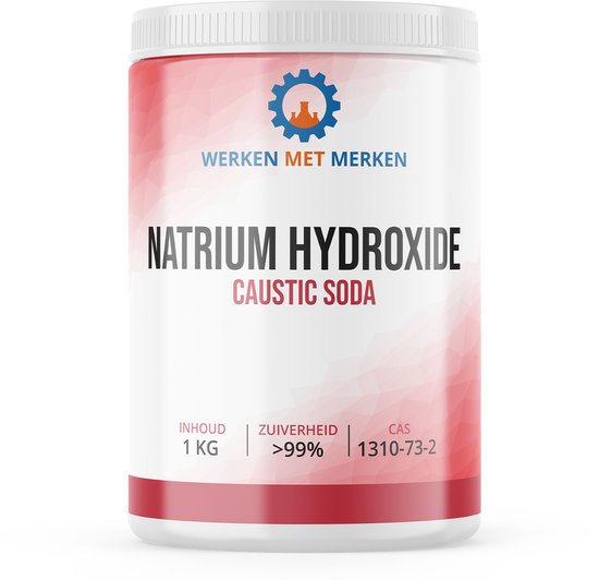 Pot met Natriumhydroxide (Caustic Soda) van 1KG, met een zuiverheid van >99%. Gemaakt door Werken met Merken.