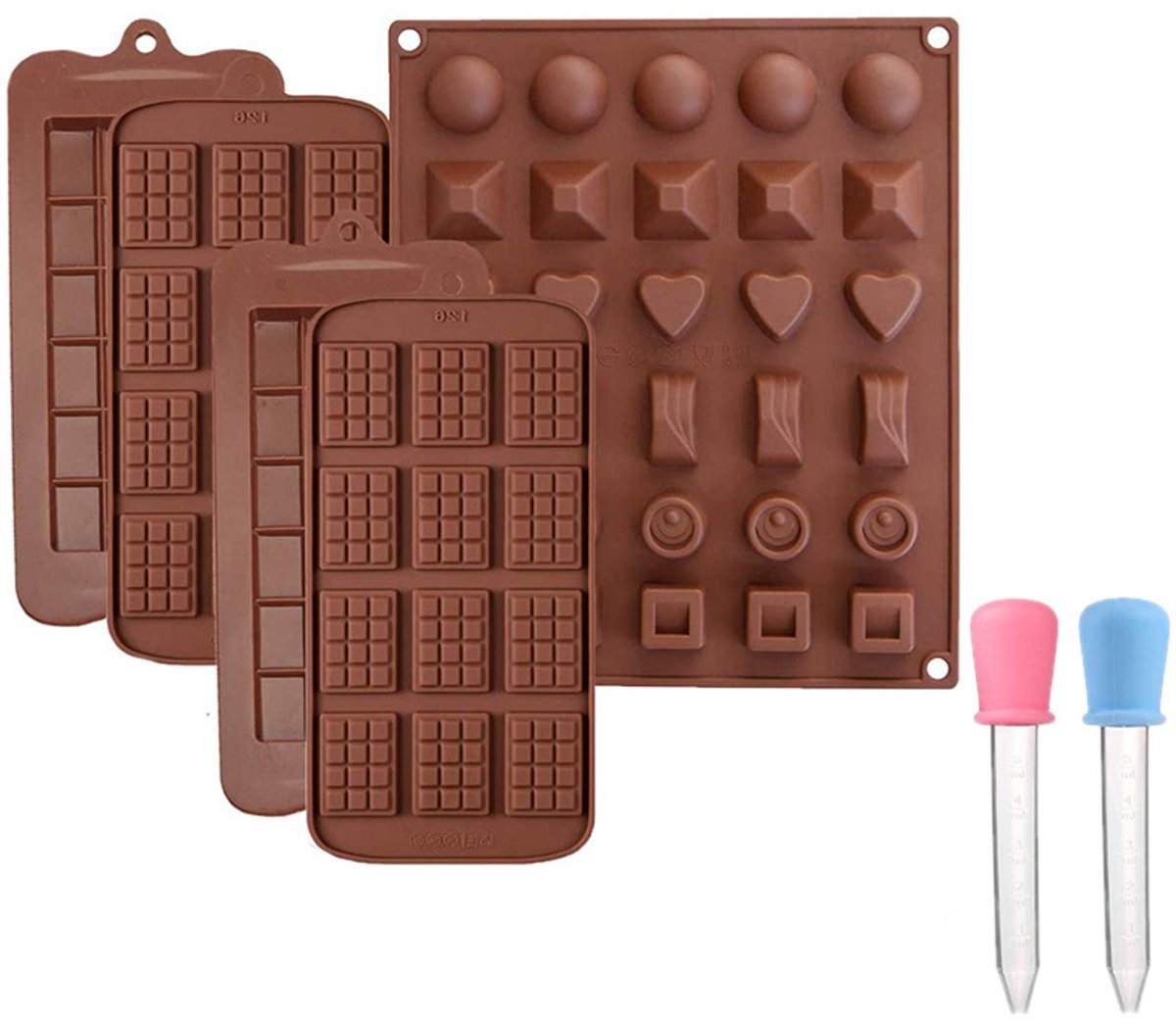 Chocoladevormenset, 7-delig groot formaat, antiaanbaklaag, siliconenvormen