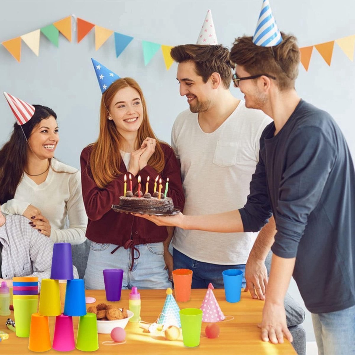 Stunq® Set van 24 plastic kinderbekers, 250 ml plastic bekers, herbruikbaar, 6 kleuren bekers, plastic, hard plastic bekers, geschikt voor verjaardagen, feesten, bruiloften, feesten, potlucks