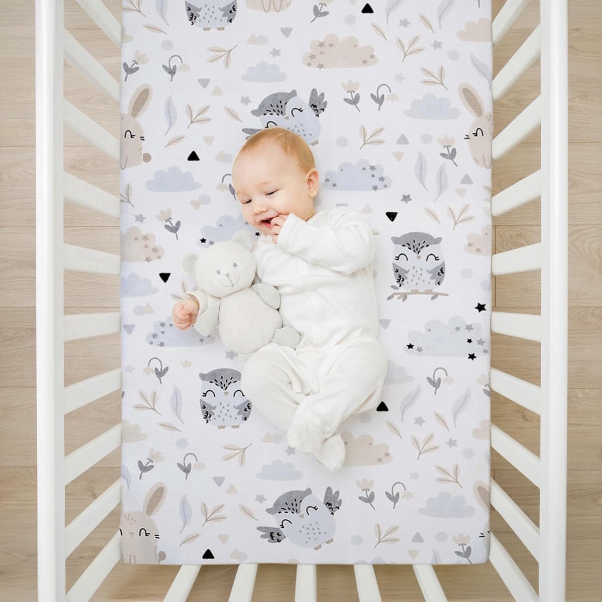 Stunq® Hoeslaken kinderwagen wieg set - 2 x overtrek + waterdichte matrasbeschermer matrashoes bijzetbed bedlaken 120 x 60 cm uilen grijs
