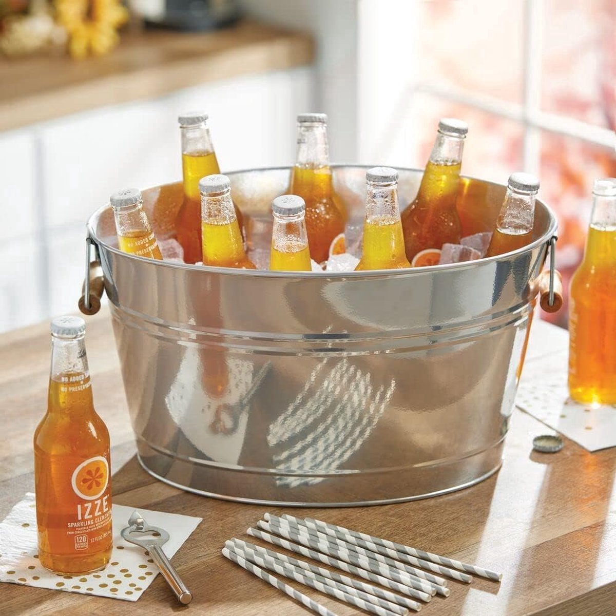 Stunq® Flessenkoeler van metaal, decoratieve drankkoeler met handgrepen, ideaal als drankbak voor wijn, bier, champagne of frisdranken, zilverkleurig
