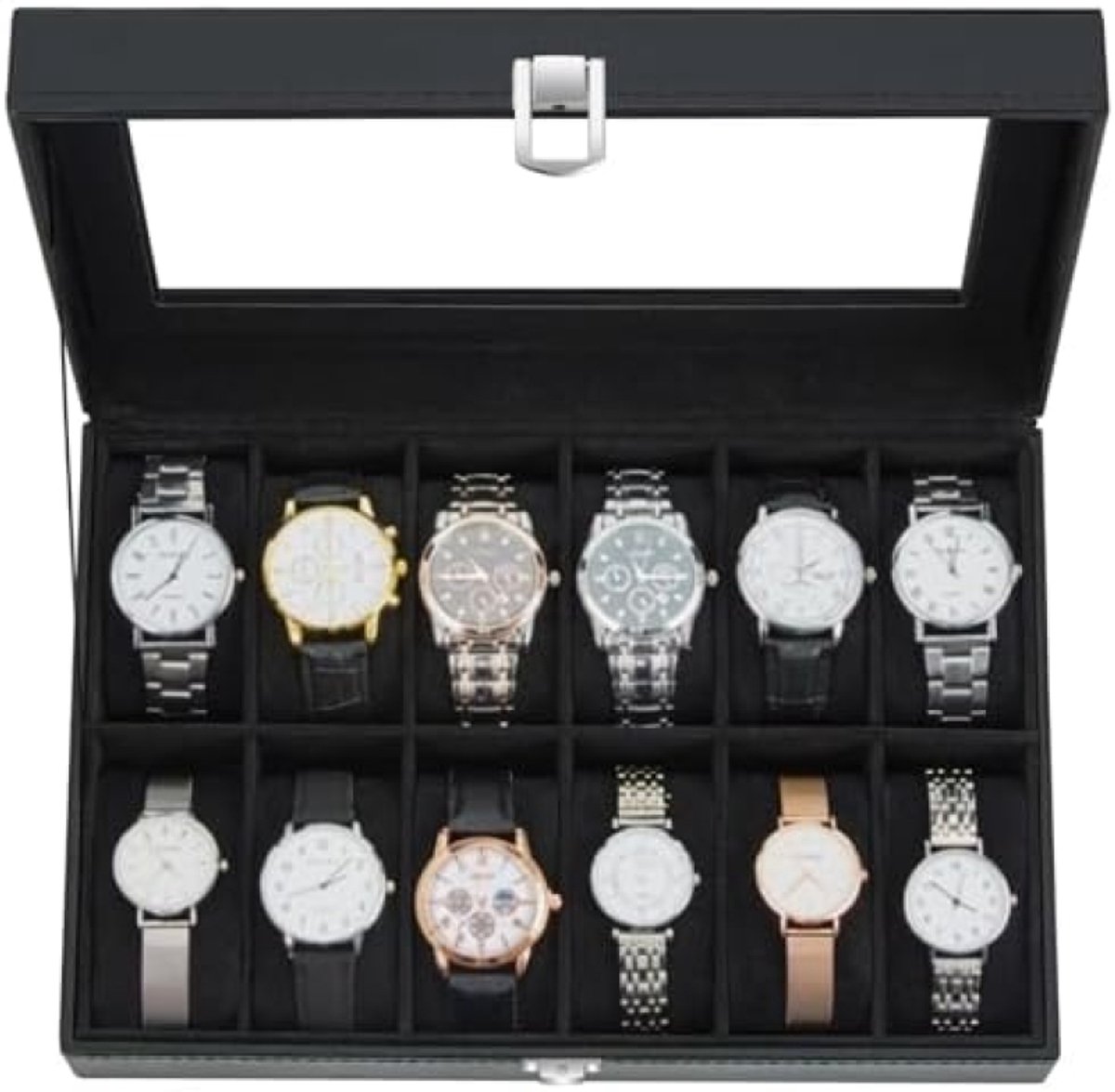 PromoHome Horlogebox met 12 vakken - Elegante opbergdoos met glazen deksel