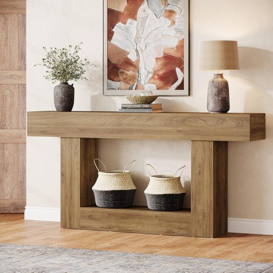 Tribesigns Consoletafel - 160x30x82 cm - 2-Laags Haltafel met Opbergruimte - Lichtbruin - Farmhouse Consoletafel - Console Tafel voor Hal, Woonkamer, Entree