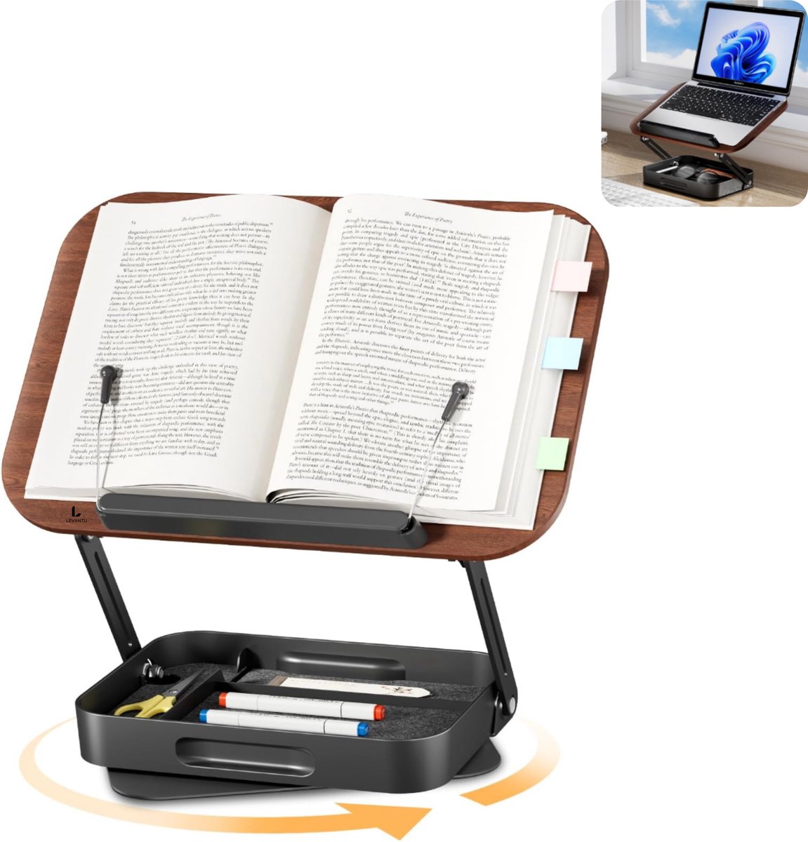 LEVANTU@ Boekenstandaard - Verstelbaar Laptop Standaard - Kookboekhouder - Tablet Standaard - Boekenhouder - Book holder – Bladzijdehouder - 360° Draaibaar