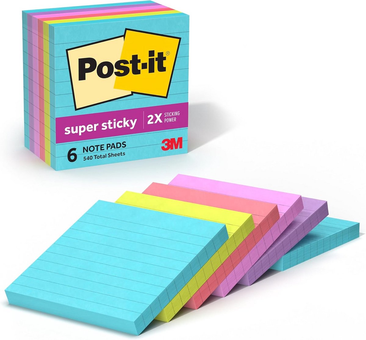 Super Sticky Zelfklevende Notitieblokken Vierkant 10,2x10,2 cm - Mix van Neon Kleuren