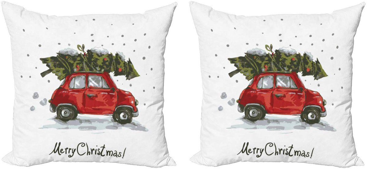 ABAKUHAUS Kussenhoes – Set 2x45x45 cm – Retro Auto met Boom – Dubbelzijdig digitaaldruk – Groen/Rood
