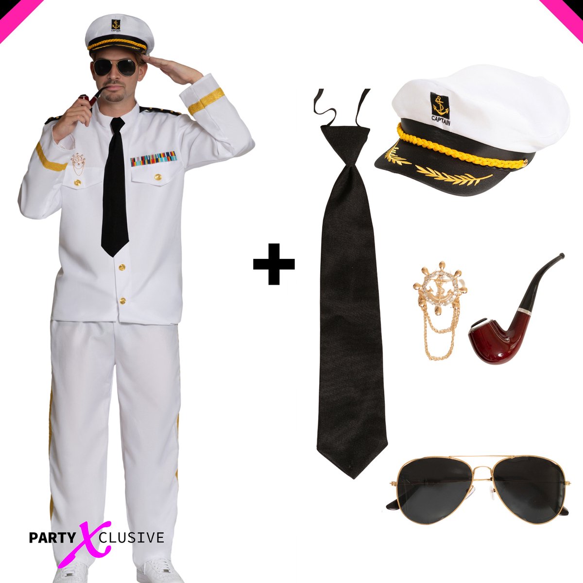 Partyxclusive 6-Delig Kapitein Heren Shirt/Broek/Hoed/Bril/Stropdas/Horlogeketting Carnavalskleding Heren Verkleedkleren Volwassenen - Wit - Polyester - L