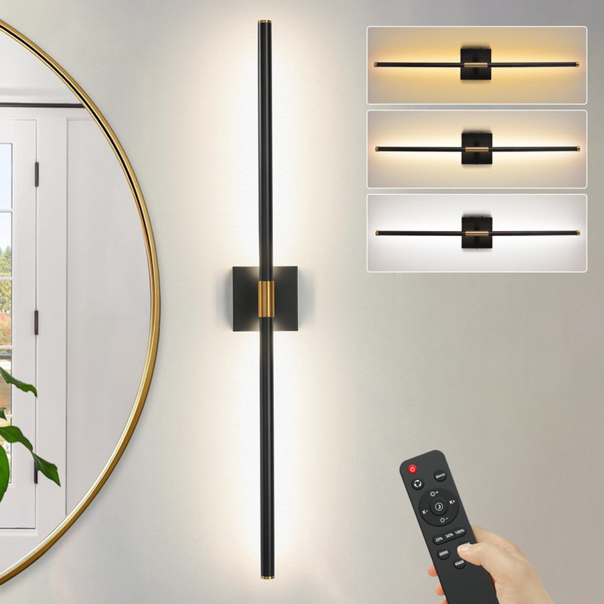 MUPOO Oplaadbare Wandlamp Binnen – 330° Draaibaar – Draadloze & Dimbare LED Muurlamp – 3000K-6000K Kleurinstelling – Touch + Afstandsbediening – USB-C – Wandlamp voor Woonkamer Slaapkamer Gang