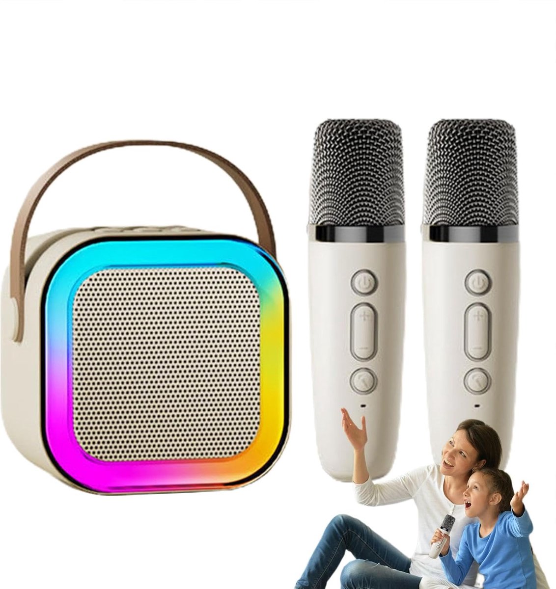 Karaoke Set - Met Bluetooth Speaker en 2 Draadloze Microfoon - Draagbare mini-lichtluidspreker - Karaokeset - Volwassenen en Kinderen - Wit