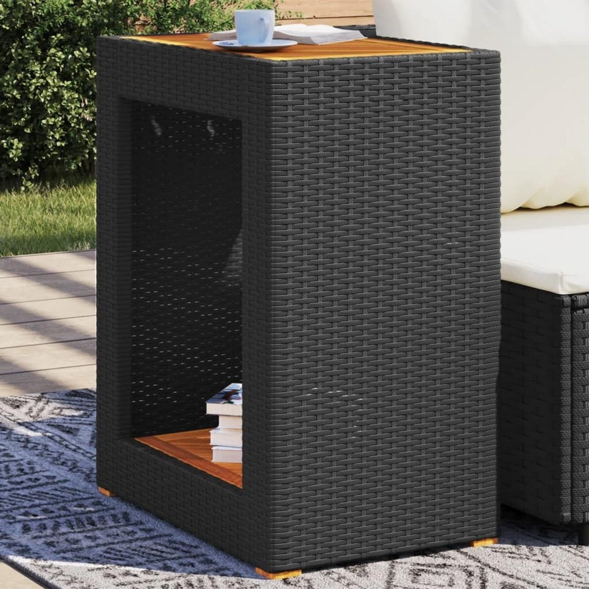 Tuin bijzettafel met houten blad 60x40x75cm poly rattan zwart