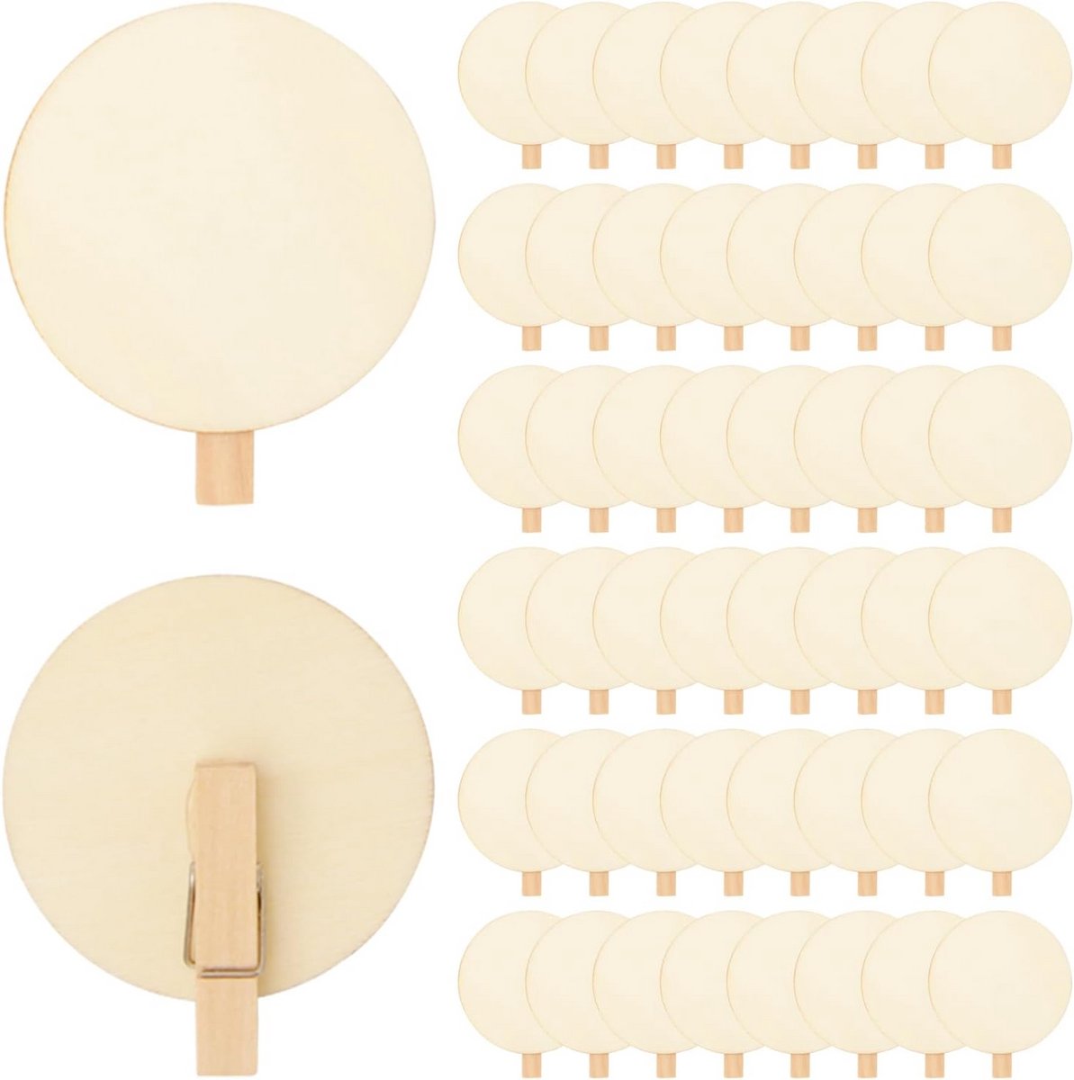 50 Houten Mini Knijpers met Ronde Schijf - Natuurlijk Hout 4cm