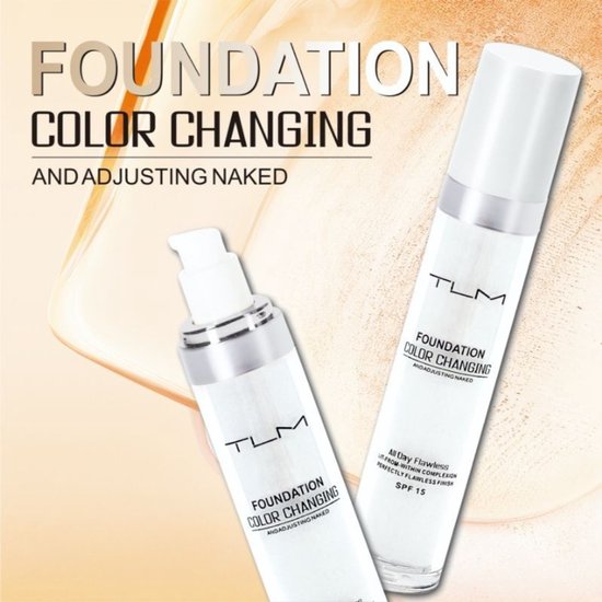 Twee flesjes TLM foundation 'Color Changing And Adjusting Naked' tegen een beige achtergrond.