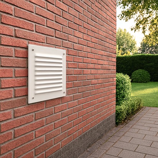 Wit vierkant ventilatierooster op een rode bakstenen muur.