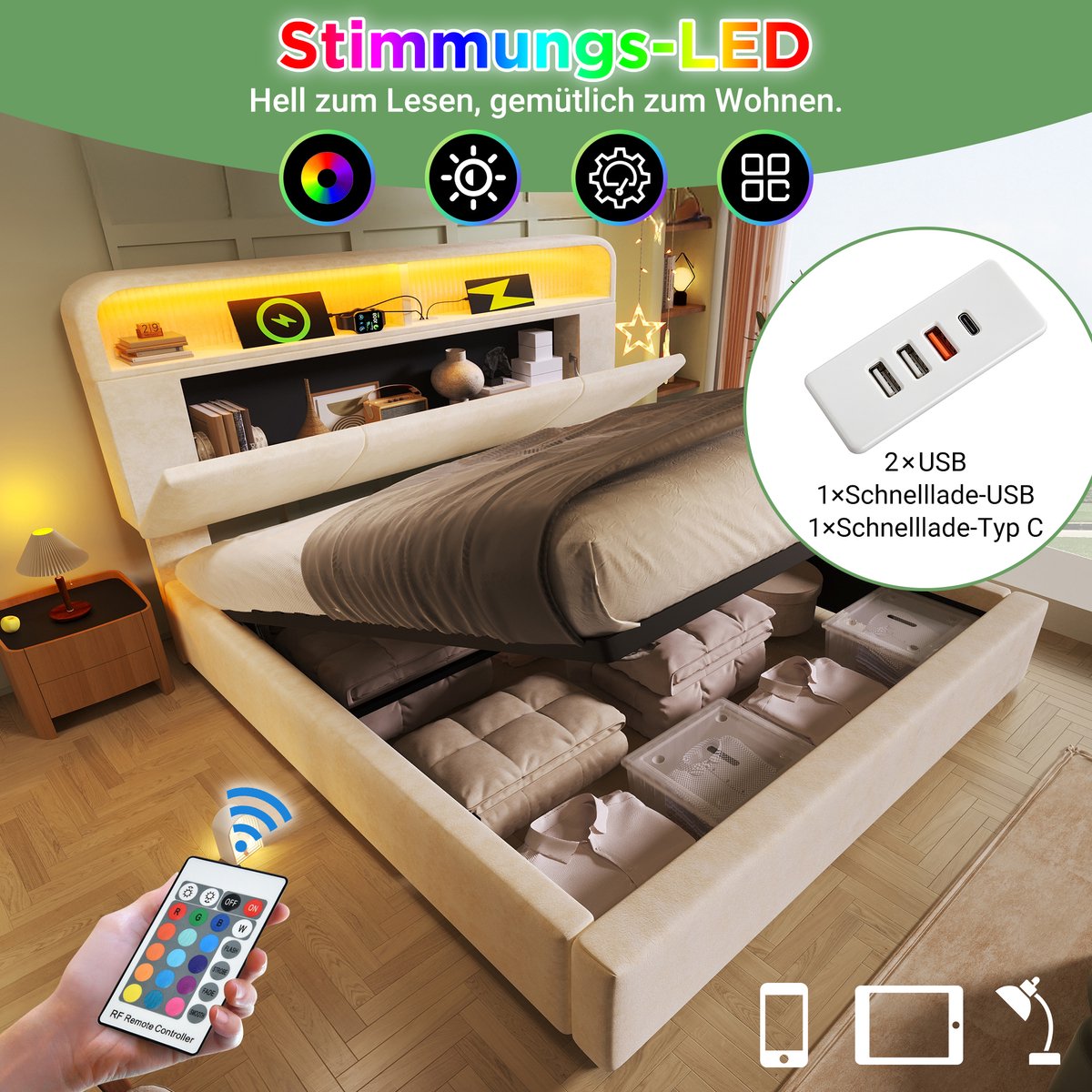 Merax Tweepersoonsbed 160x200 cm - met verstelbare hoofdbord - LED-verlichting en USB/Type-C oplaadstation - met opbergruimte - beige - zonder matras